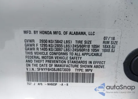 2018 Honda Pilot Ex из США, поврежденный, VIN 5FNYF6H38JB073039